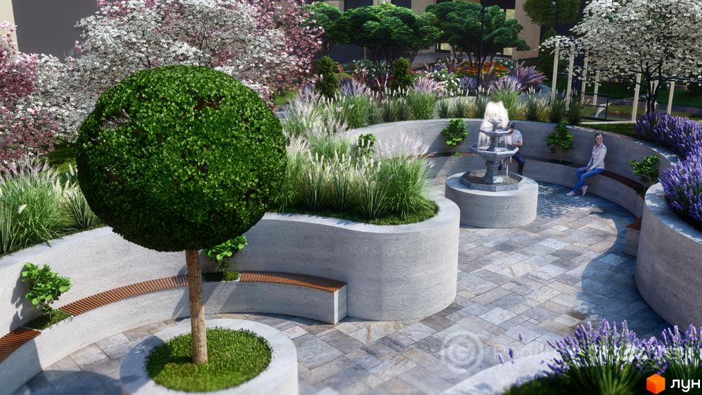 Житловий комплекс GARDEN CITY з фонтаном та зонами відпочинку. Зелена територія з деревами, квітами та лавкою для відпочинку.