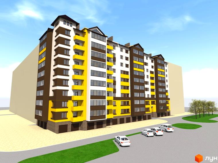 Житловий комплекс Арсеніївський двір. Сучасна новобудова з коричнево-жовтим фасадом та великою кількістю вікон. Прибудинкова територія з парковкою та зеленими насадженнями.