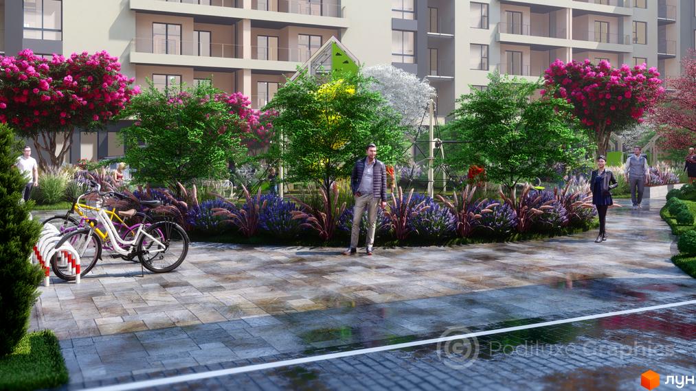 Зображення Житлового комплексу GARDEN CITY з ландшафтним дизайном. На передньому плані пішохідна зона з велосипедами та відпочиваючі люди.