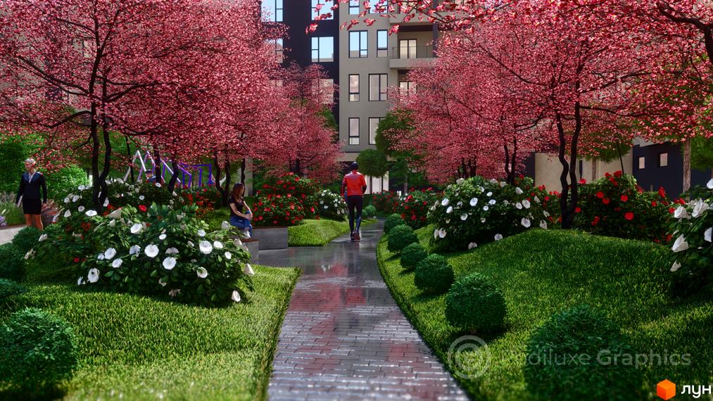 Житловий комплекс GARDEN CITY з алеєю з квітучих дерев та зеленими зонами. На території комплексу розташовані зони відпочинку та дитячий майданчик.