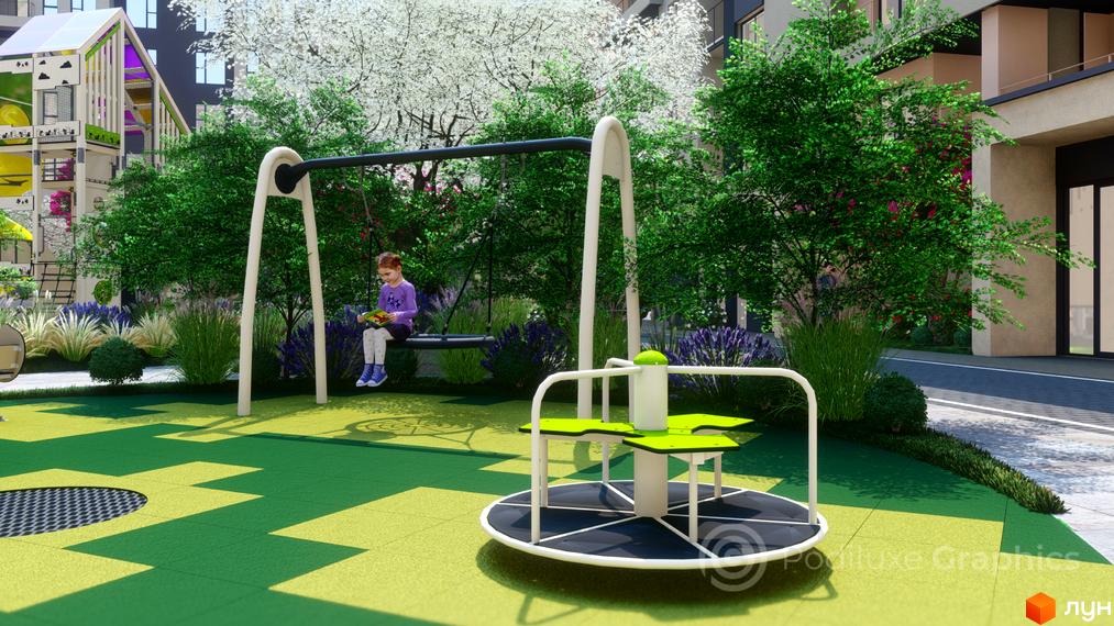 Дитячий майданчик біля житлового комплексу GARDEN CITY з гойдалкою та каруселлю. Зелена територія з деревами та квітами.