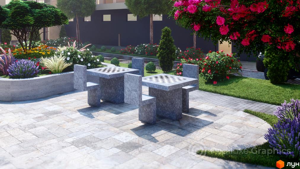 Зображення території Житлового комплексу GARDEN CITY з ландшафтним дизайном та місцями для відпочинку. Дворик з шаховими столиками.