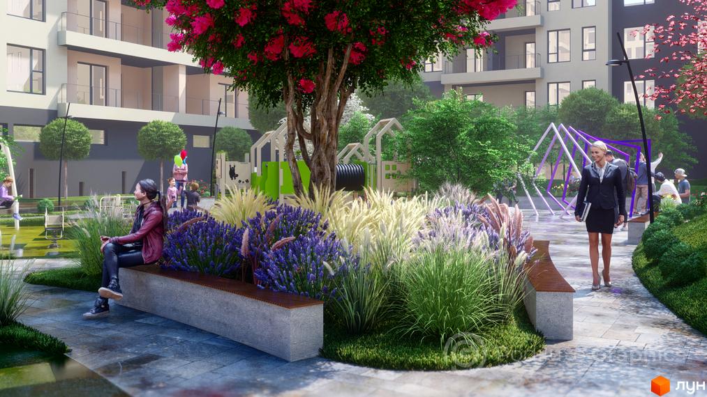 Зображення Житлового комплексу GARDEN CITY з ландшафтним дизайном та місцями для відпочинку. На території є дитячий майданчик.