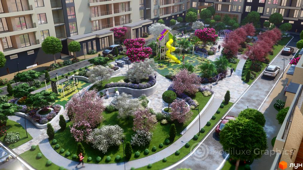 Вигляд з висоти на Житловий комплекс GARDEN CITY з дитячим майданчиком та зеленими насадженнями. Навколо новобудови облаштована зона відпочинку.