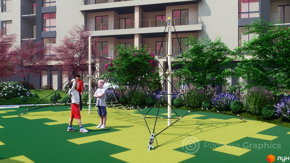 Зображення Житлового комплексу GARDEN CITY з дитячим майданчиком. На передньому плані діти граються на ігровому комплексі.