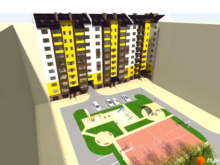Житловий комплекс Арсеніївський двір: фасади будівель з жовтими та білими елементами, прибудинкова територія з баскетбольним майданчиком та дитячим майданчиком.