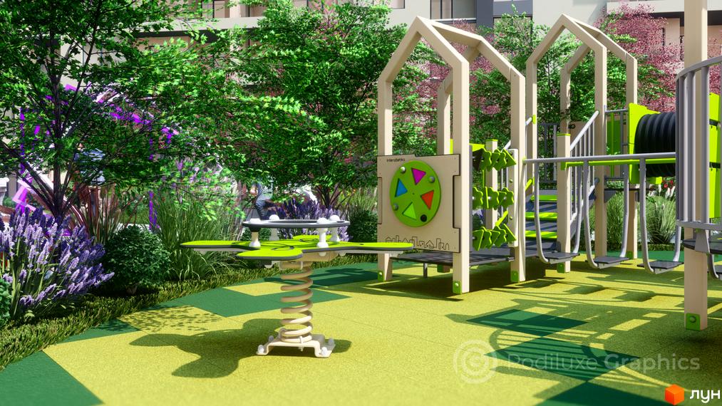 Майданчик для ігор з гірками та гойдалками на території Житлового комплексу GARDEN CITY. Навколо багато зелених насаджень.