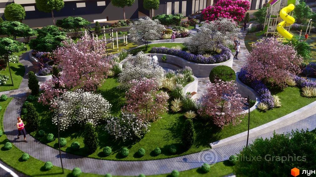 Житловий комплекс GARDEN CITY з парковою зоною, дитячим майданчиком та зонами відпочинку. Зелені насадження, дерева з квітами та ландшафтний дизайн.