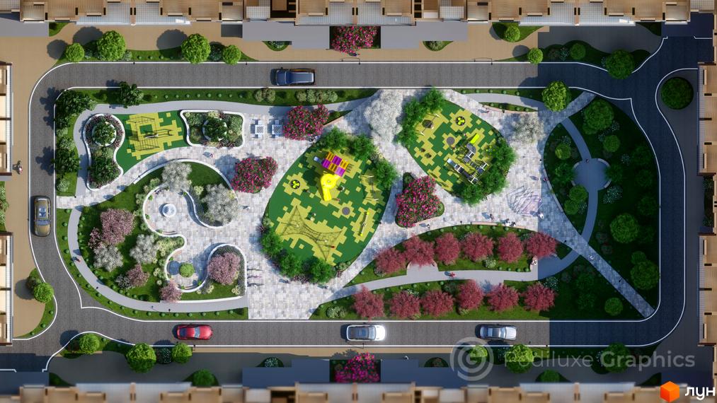 Житловий комплекс GARDEN CITY. Вид зверху на новобудову з дитячими майданчиками, зонами відпочинку та озелененням.