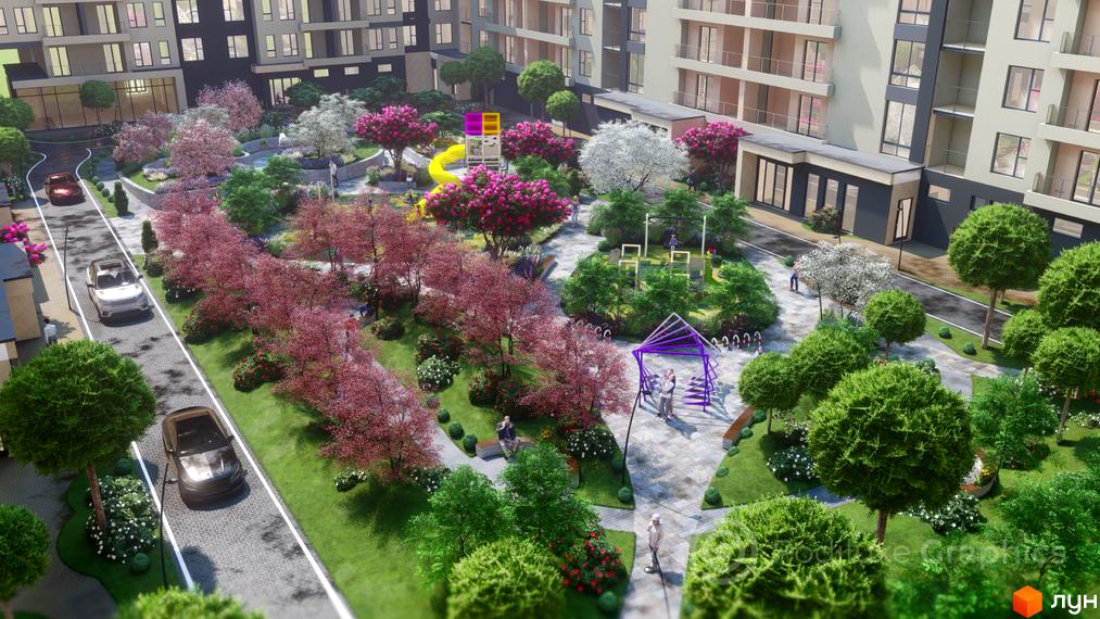 Зображення Житлового комплексу GARDEN CITY з виглядом на внутрішній двір з деревами та дитячим майданчиком.