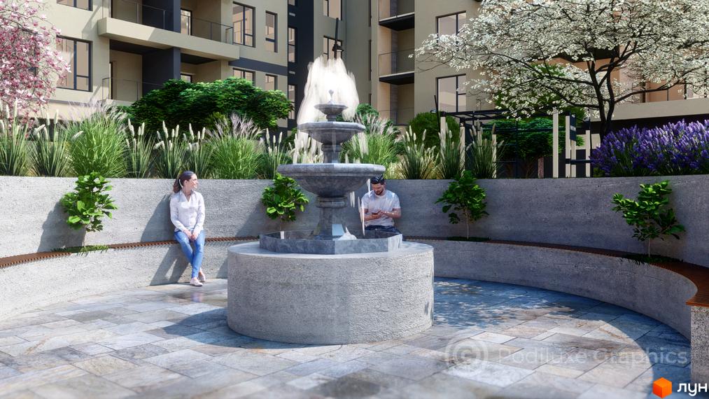 Зображення Житлового комплексу GARDEN CITY з фонтаном у внутрішньому дворі. Навколо фонтану відпочивають люди.