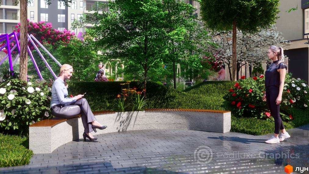 Зображення прибудинкової території Житлового комплексу GARDEN CITY. На передньому плані відпочиваючі на лавці та пішохідна зона.