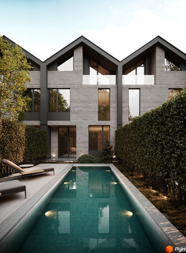 Таунхаус Forest Lane з басейном та шезлонгами. Сучасний фасад з великими вікнами та терасою.
