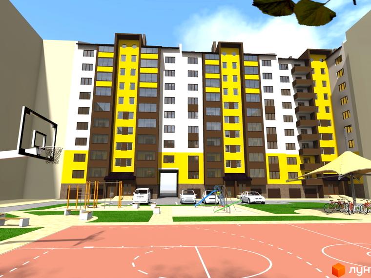 Житловий комплекс Арсеніївський двір: багатоповерховий будинок з жовтими та білими фасадами, прибудинкова територія з баскетбольним майданчиком та зонами відпочинку.