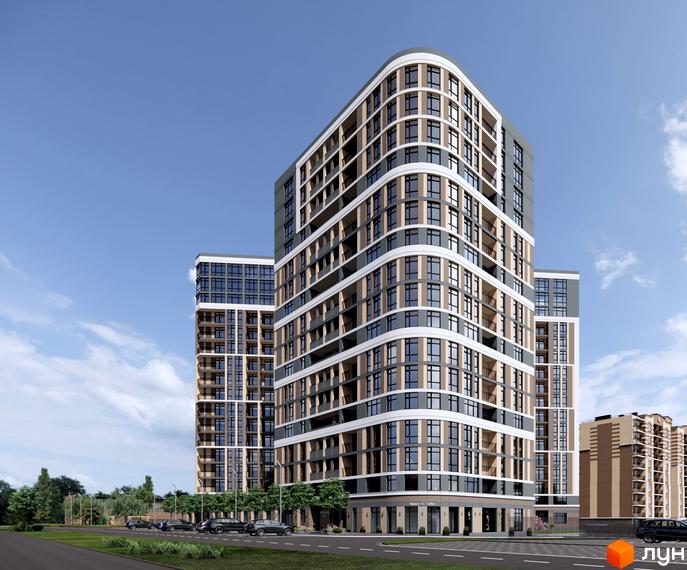 Житловий комплекс Кришталеві джерела. Сучасні багатоповерхові будинки з панорамними вікнами та балконами. Прибудинкова територія з дорогою та автомобілями.