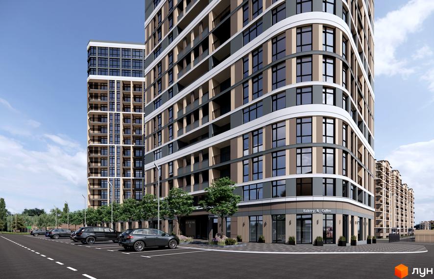 Житловий комплекс Кришталеві джерела: фасади будівель з панорамним склінням та балконами, парковка з автомобілями та зелені насадження.