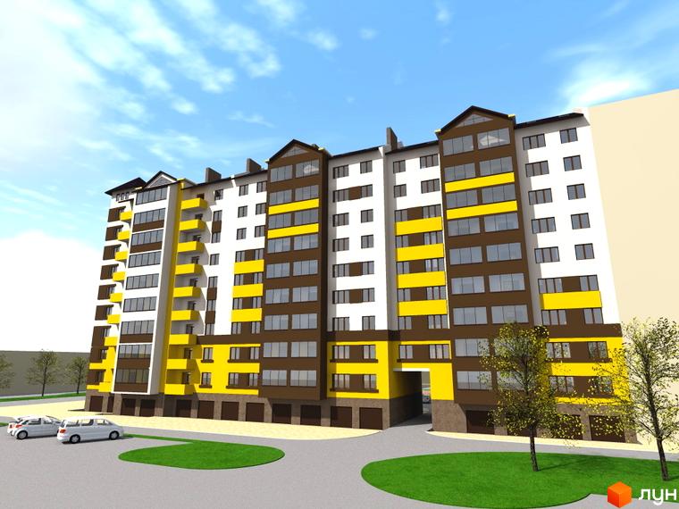 Зовнішній вигляд новобудови ЖК Арсеніївський двір з біло-коричневим фасадом та жовтими балконами. На прибудинковій території розташовані зелені газони та припарковані автомобілі.