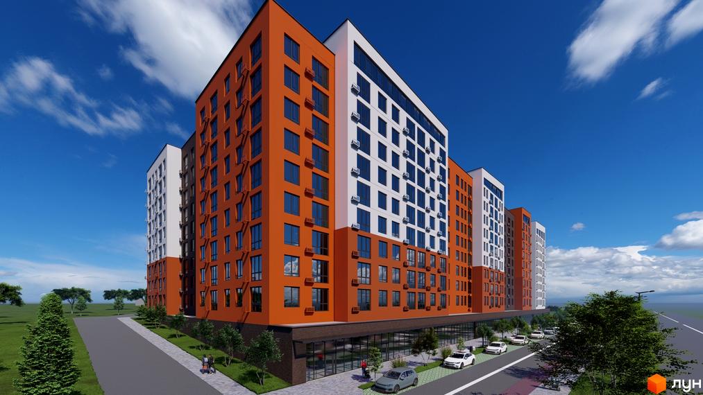 Зображення фасаду Новобудови Перлина Проскурова-5. На фото видно багатоповерховий будинок з великою кількістю вікон та прибудинкову територію.