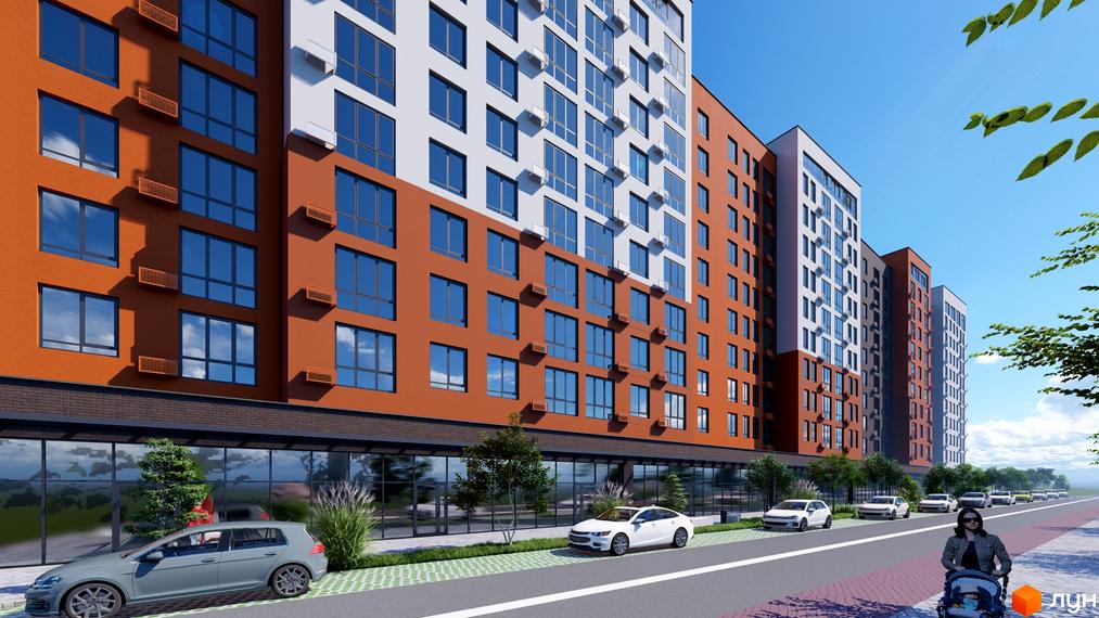 Зображення фасаду Житлового комплексу Перлина Проскурова-5. На передньому плані вулиця з автомобілями та пішоходом.