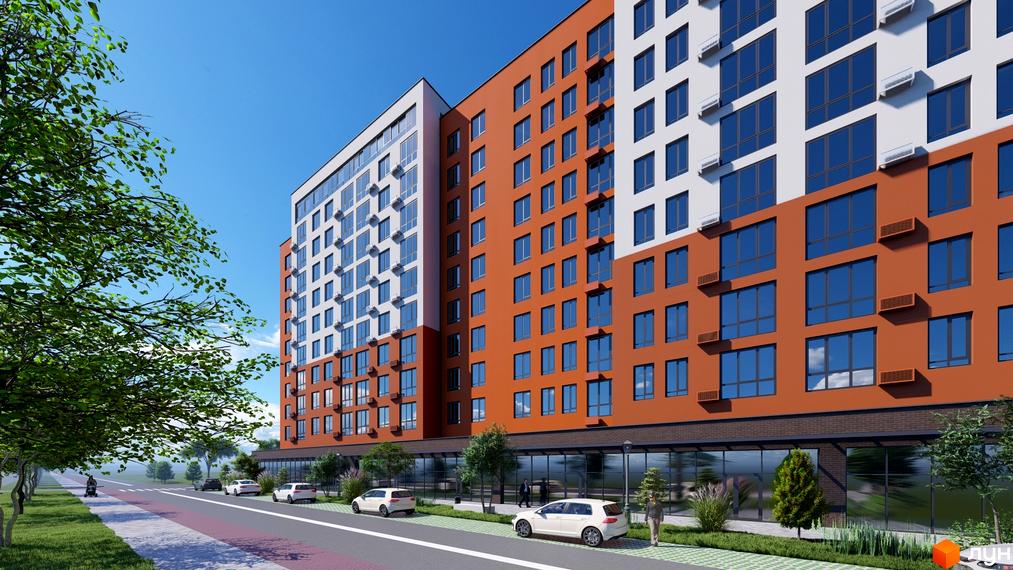 Зовнішній вигляд житлового комплексу Перлина Проскурова-5 з фасадом з оранжевих та білих панелей, великими вікнами та кондиціонерами. Навколо будинку зелені насадження та доглянута прибудинкова територія.