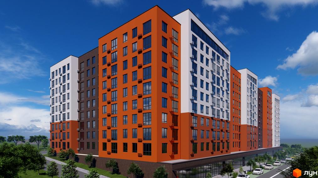 Зображення фасаду та прибудинкової території Житлового району Перлина Проскурова-5. Багатоповерховий будинок з великою кількістю вікон.