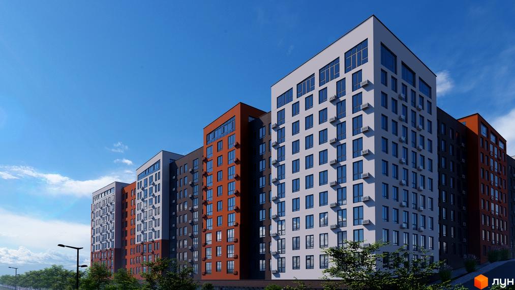Зображення фасаду та екстер'єру Новобудови Перлина Проскурова-5. Багатоповерхові будинки з великими вікнами на фоні блакитного неба.