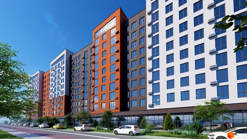 Житловий комплекс Перлина Проскурова-5 – це багатоповерхові будинки з різнокольоровими фасадами та великими вікнами, що виходять на доглянуту прибудинкову територію з деревами та автомобілями.