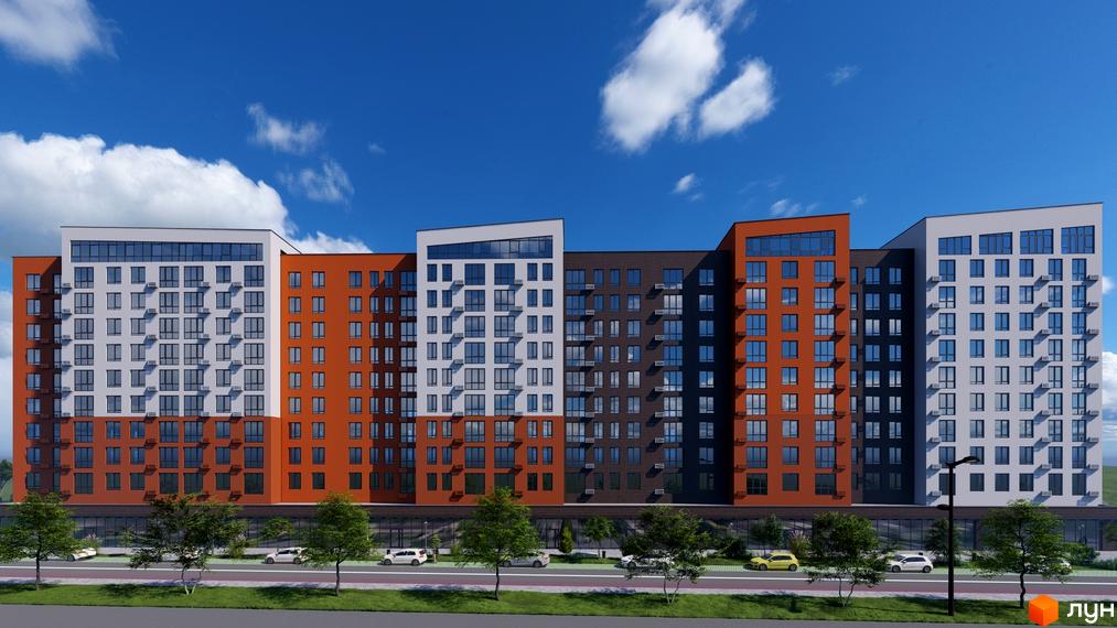 Зображення фасаду багатоповерхового будинку Житлового комплексу Перлина Проскурова-5. На передньому плані дерева та дорога.