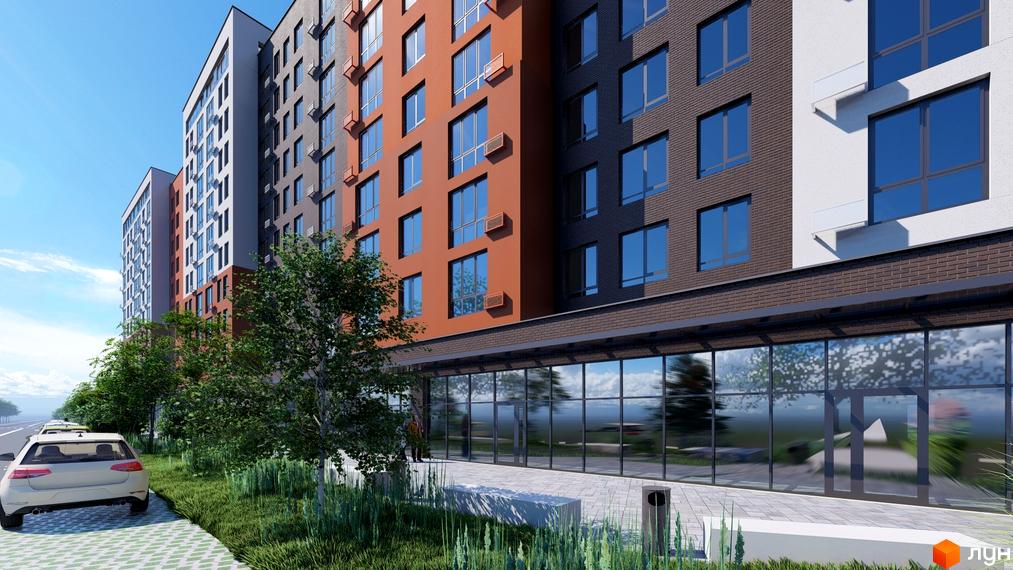 Зображення фасаду та прибудинкової території Новобудови Перлина Проскурова-5. Багатоповерховий будинок з великими вікнами та зеленими насадженнями.