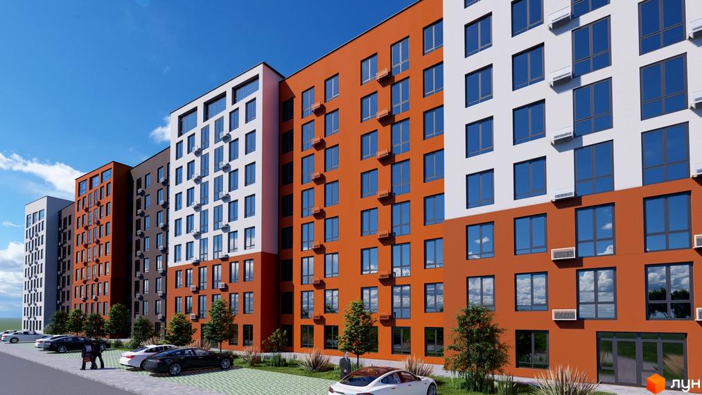 Зображення фасаду Житлового комплексу Перлина Проскурова-5. На передньому плані припарковані автомобілі та зелені насадження.