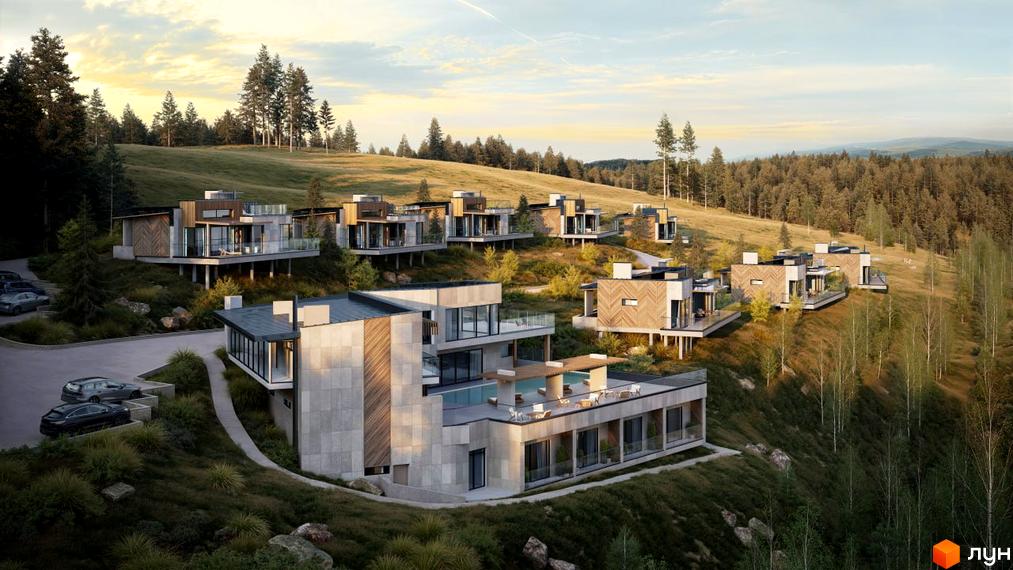 Котеджне містечко КМ MÓNTES invest & resort на схилі гори з сучасними будинками та доглянутою територією. Навколо зелені насадження та ліс, що створює мальовничий краєвид.