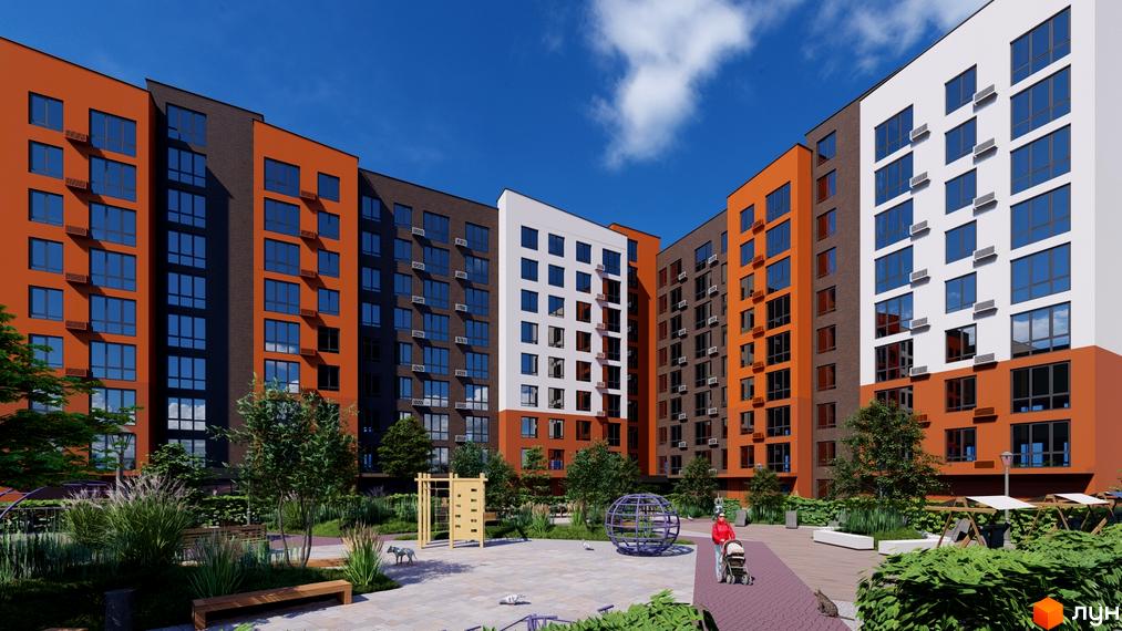 Зовнішній вигляд багатоповерхового будинку в Житловому комплексі Перлина Проскурова-5. На території є дитячий майданчик та зелені насадження.