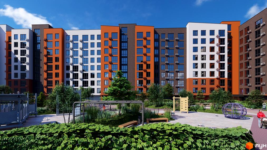 Зображення фасаду та прибудинкової території Житлового комплексу Перлина Проскурова-5. На території є дитячий майданчик та зелені насадження.