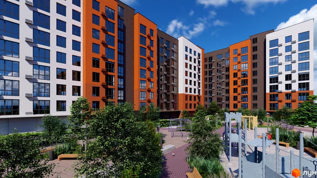 Зображення фасаду та прибудинкової території Житлового комплексу Перлина Проскурова-5. На території знаходиться дитячий майданчик.