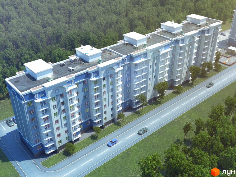 Зовнішній вигляд багатоповерхового будинку ЖК Петропавлівський посад з балконами та фасадом блакитного кольору. Навколо будинку зелена територія з деревами та дорогою.