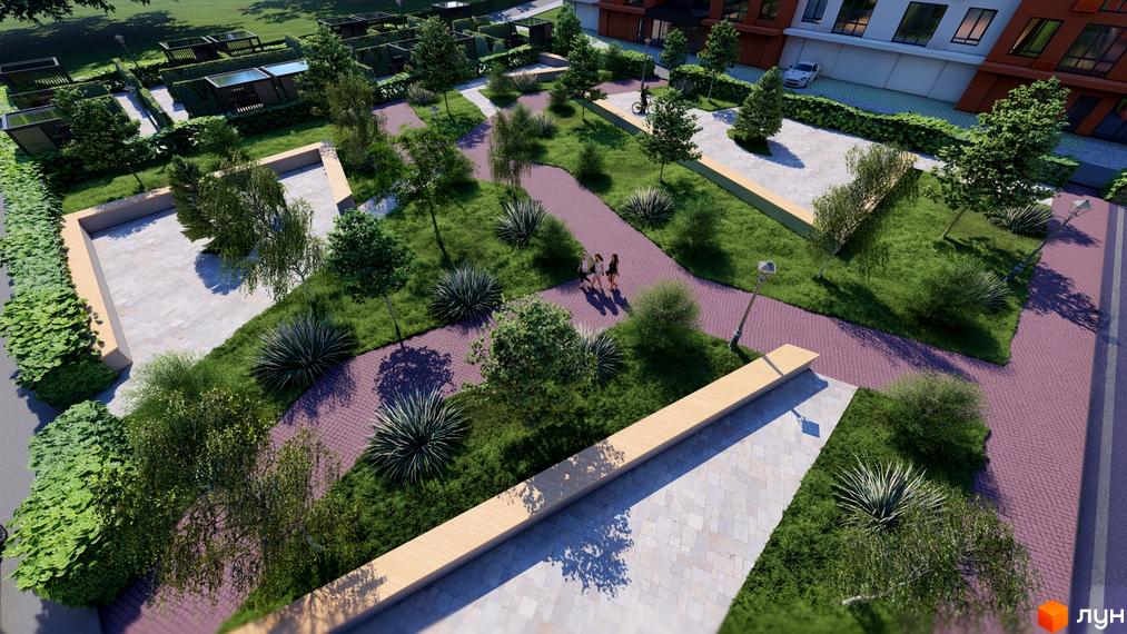 Житловий комплекс Перлина Проскурова-5. Зелена прибудинкова територія з доріжками та місцями для відпочинку.