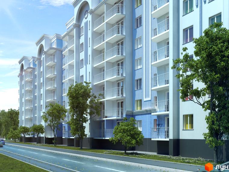 Зовнішній вигляд світло-блакитної новобудови ЖК Петропавлівський посад з численними балконами. Поруч розташована дорога та зелені дерева.