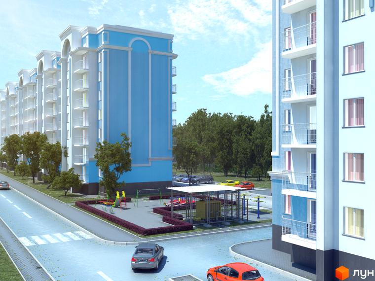 Житловий комплекс Петропавлівський посад: фасади будівель у блакитних та білих тонах, балкони, прибудинкова територія з дитячим майданчиком та парковкою.