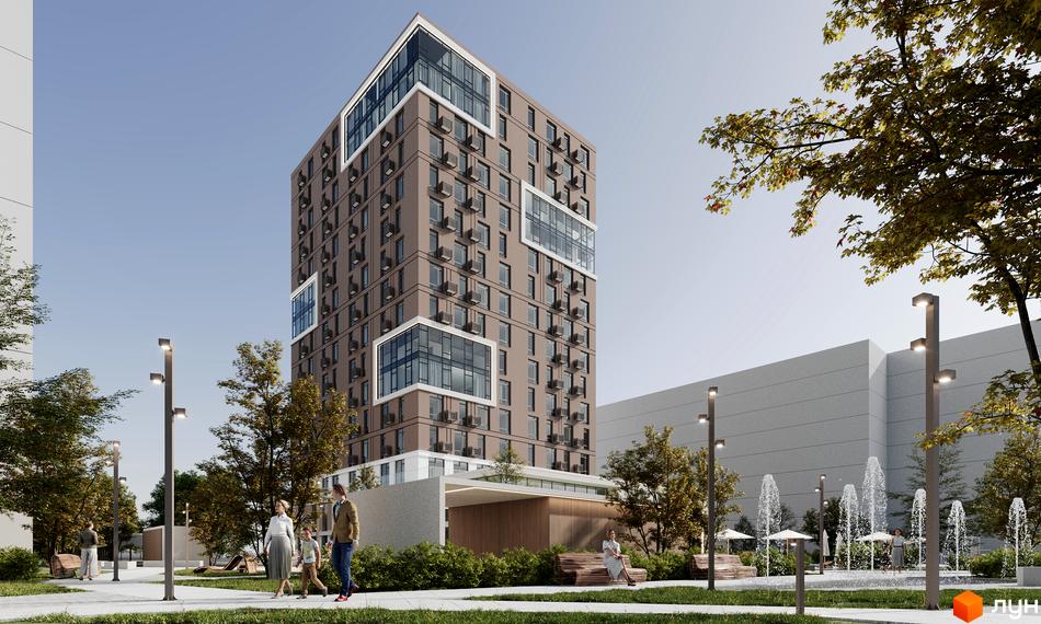 Житловий комплекс CONTINENT REST з коричневим фасадом та скляними вставками. На прибудинковій території розташовані дерева, лавки та фонтани.