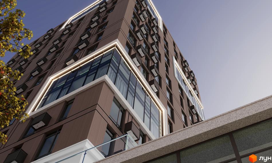 Зовнішній вигляд новобудови ЖК CONTINENT REST з коричневим фасадом та скляними елементами, освітленням по периметру та кондиціонерами на фасаді.