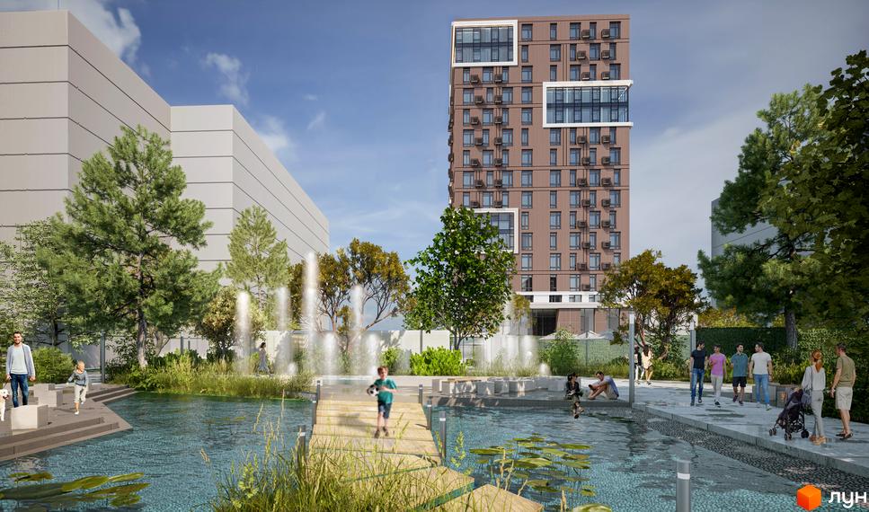 Зображення будинку та прибудинкової території Житлового комплексу CONTINENT REST. На території є озеро та пішохідна зона.