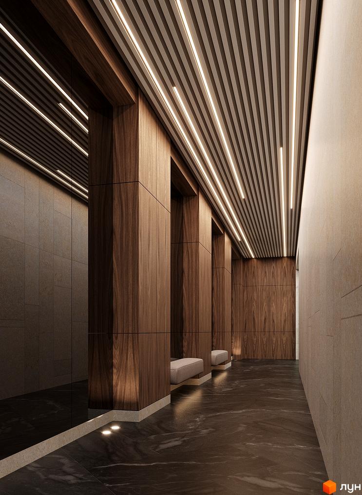 Інтер'єр холу Будівельного проєкту CONTINENT REST з дерев'яними колонами та підсвіченою стелею. На підлозі темна плитка.