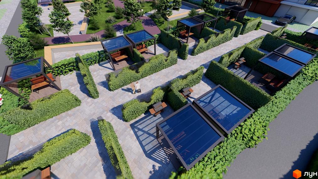 Вигляд зверху на Житловий комплекс Перлина Проскурова-5 з альтанками та зеленими насадженнями. Облаштована прибудинкова територія.