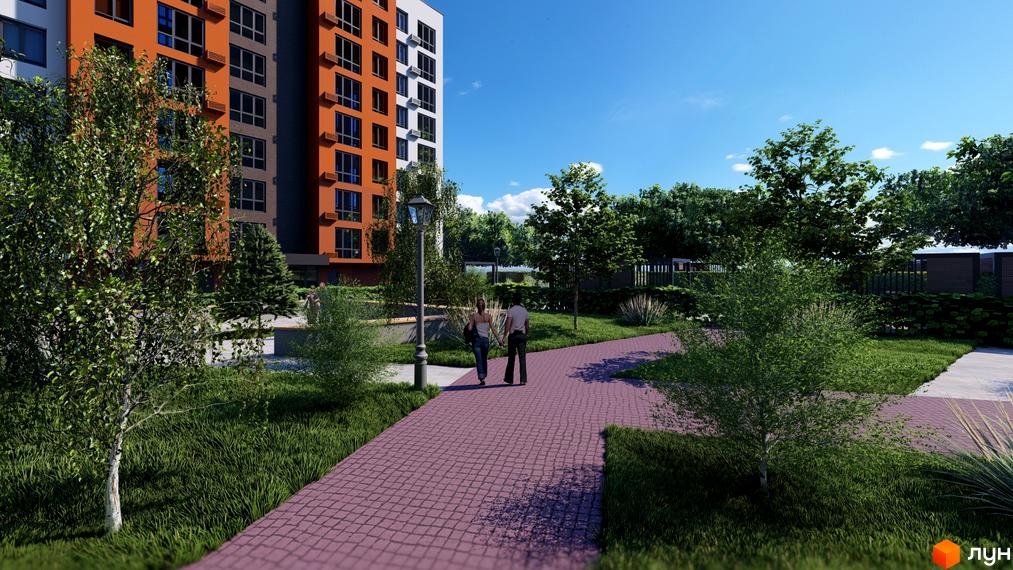 Зображення Житлового комплексу Перлина Проскурова-5 з фасадом будинку та пішохідною зоною. Навколо новобудови зелені насадження та доглянутий газон.