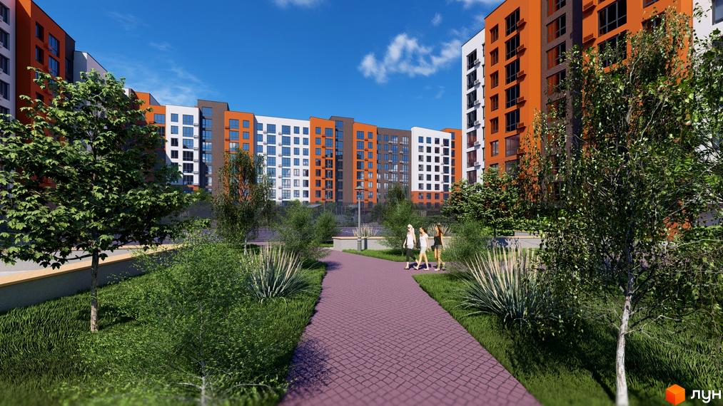 Зображення фасаду та прибудинкової території Житлового комплексу Перлина Проскурова-5. На передньому плані пішохідна доріжка та зелені насадження.