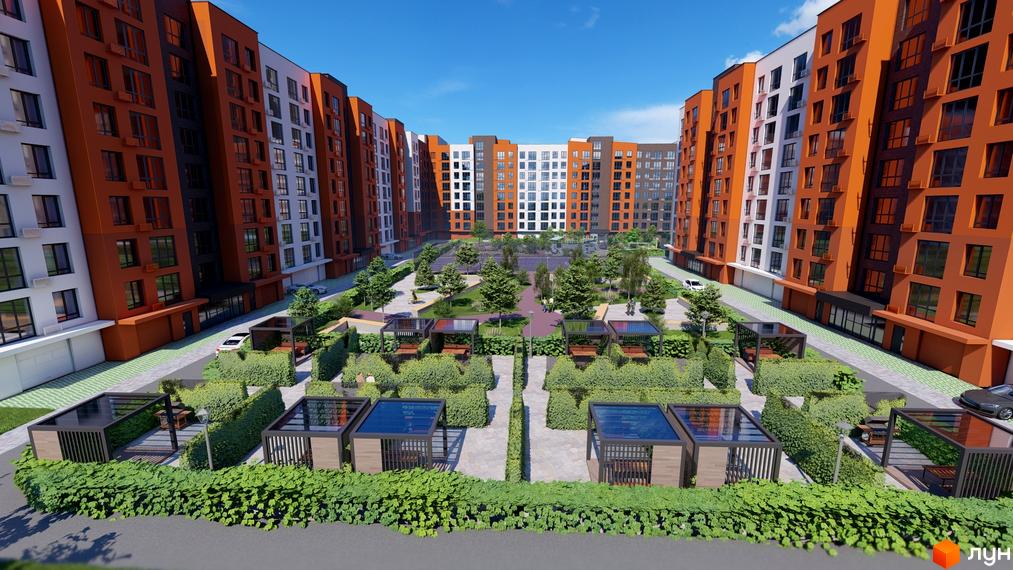 Житловий комплекс Перлина Проскурова-5 з оранжевими та білими фасадами, прибудинкова територія з альтанками та зеленими насадженнями.