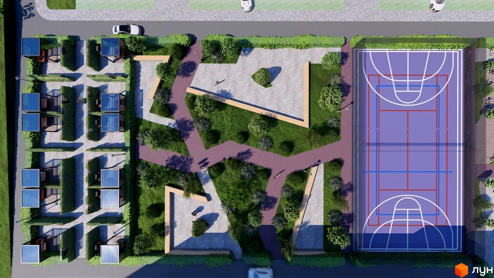 Житловий комплекс Перлина Проскурова-5: вид зверху на спортивний майданчик, зони відпочинку з альтанками та зелені насадження.