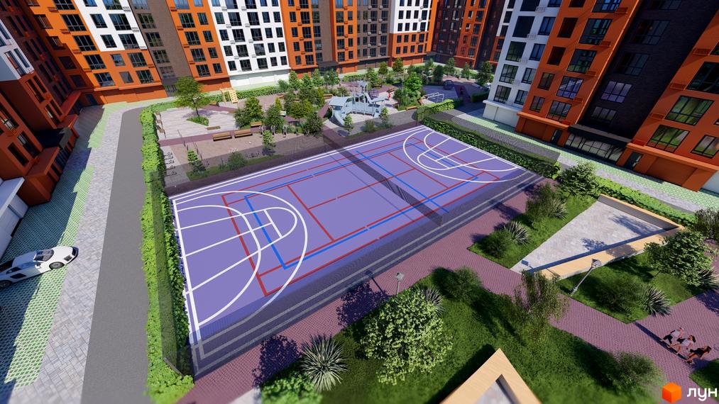 Зображення Житлового комплексу Перлина Проскурова-5 з баскетбольним майданчиком у дворі та багатоповерховими будинками.