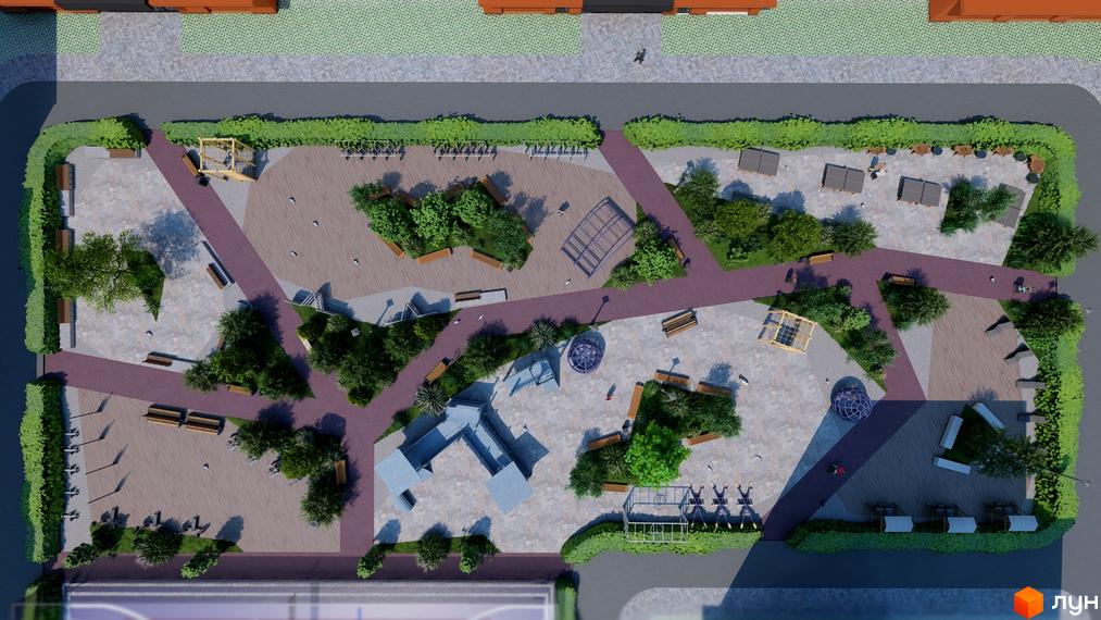 Житловий комплекс Перлина Проскурова-5, вид зверху на територію з дитячими майданчиками, зонами відпочинку та озелененням.