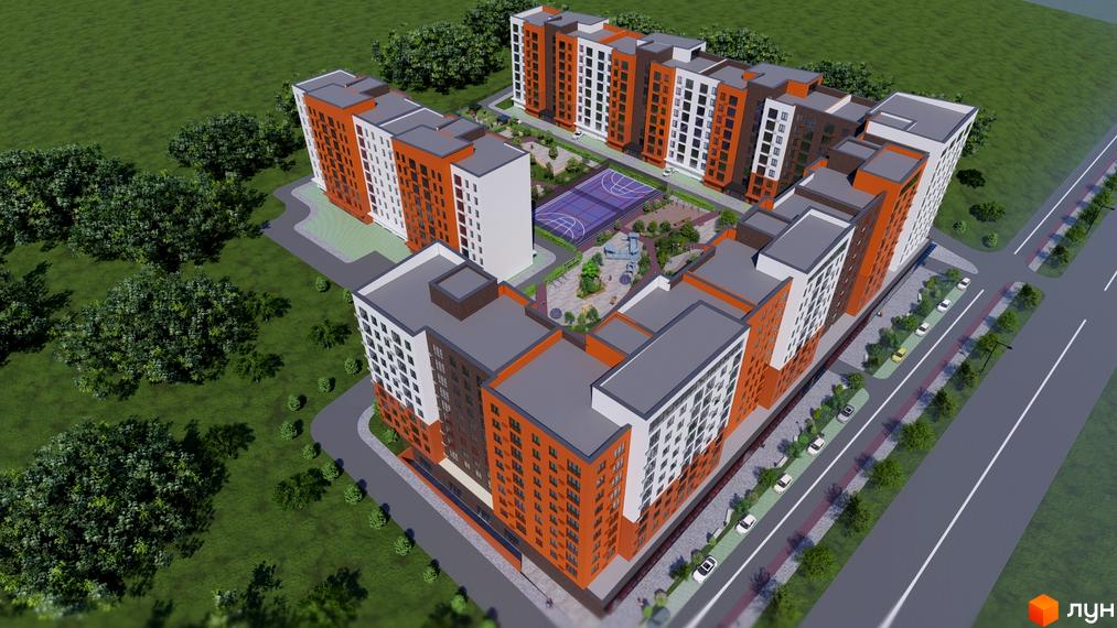 Зображення Житлового комплексу Перлина Проскурова-5 з висоти пташиного польоту. На території є дитячий майданчик та баскетбольне поле.